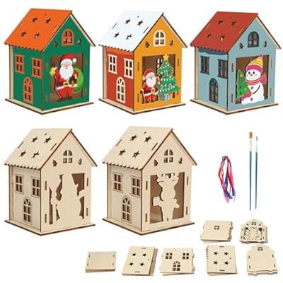 MONCAP 5 unidades de manualidades de casa de Navidad para niños juego de manualidades de madera Navidad casa juegos creativos para decoración de Navidad juego de manualidades con 2 pinceles para
