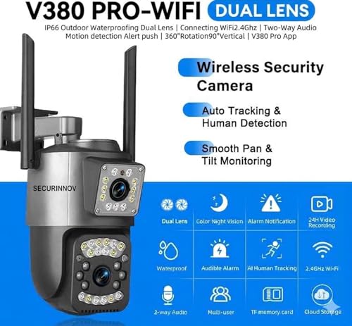 Image of securinnov 6MP Smart WiFi Dual Lens Outdoor PTZ CCTV Camera | 360 Rotation | Color Night Vision | Two Way Audio | Wireless Home Security Camera with Mobile App V380 Pro (Dual Lens PTZ)