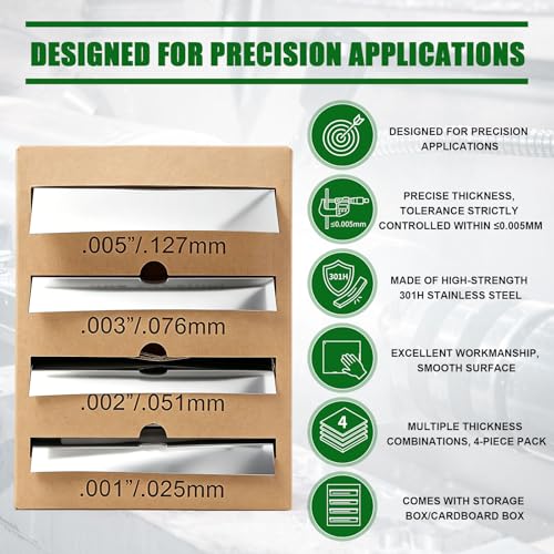Image of Frienda 4 Rolls 301H Stainless Steel Shim Stock Assortment, Full Hard Temper 0.001 inch 0.002 inch 0.003 inch 0.005 inch Thick, 6 inch x 50 inch Metal Shim Roll Set for Machine Shop, Milling, Lathe, Spacing and Alignment