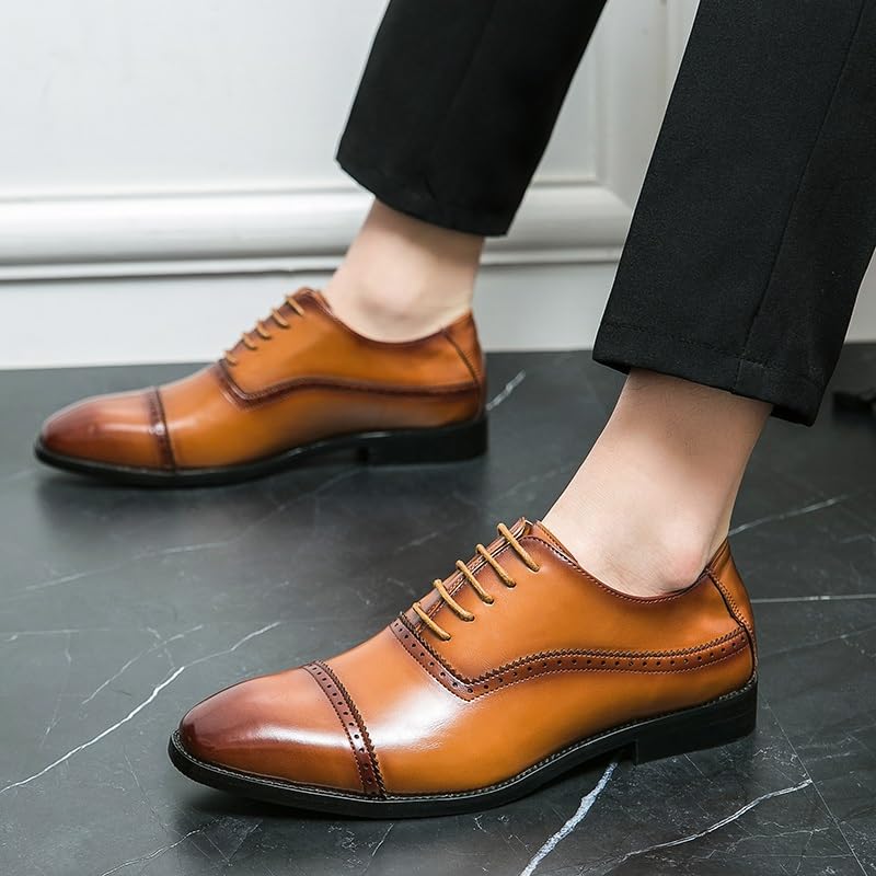Dress Oxford Shoes for Men Lace Up Square Burnished Toe PU Leather Cap Toe Non Slip Block Heel Anti-Slip Low Top Party4