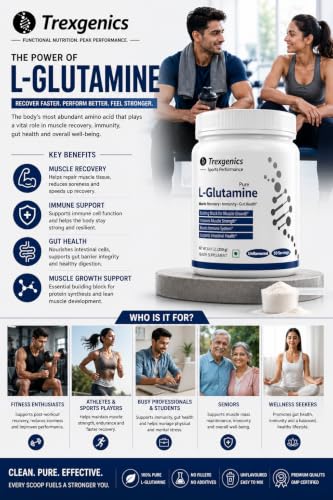 Image of Trexgenics L-GLUTAMINE Pure Powder (50 Servings) Muscle Building Block for Strength & Growth, Leaky Gut Health, Immunity (250 gm) (Pack of 1)