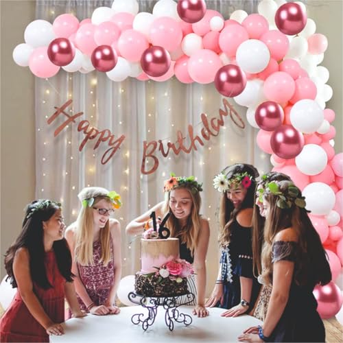 Image of Happy Birthday Balloons Decoration Kit - 55 Pcs Pink, White & Chrome Balloon with Banner Garland Set for Birthday Parties & Celebrations | Birthday Decoration Items for Kids & Girls