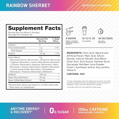 Optimum Nutrition New Flavor Amino Energy - Pre Workout with Green Tea, BCAA, Amino Acids, Keto Friendly, Green Coffee Extract, Energy Powder - Rainbow Sherbet, 30 Servings (Packaging May Vary)