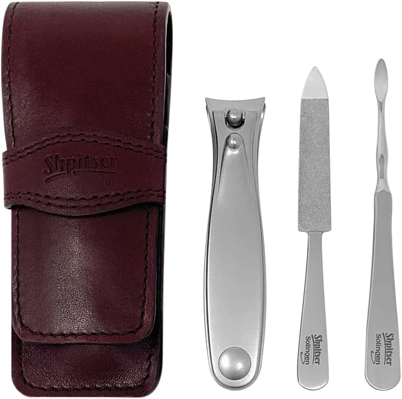 Shpitser Solingen Luxuries TopInox Surgical Stainless Steel German Hand Sharpened Manicure Pedicure Travel Set Grooming kit In Italian Leather Case Made in Solingen Germany (Dark Drown)