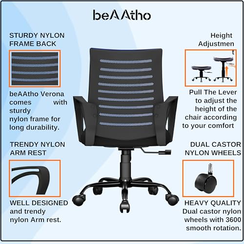 Image of beAAtho Verona Mesh Mid Back Ergonomic Home Office Chair with 3-Years Limited Warranty, Tilting & Height Adjustable Mechanism, Heavy Duty Metal Base Ideal for Office Work & Study (Blue)