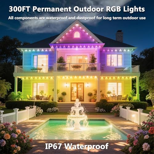 Image of 300FT /90M Permanent Outdoor RGB Lights, IP67 Waterproof Smart Eave Lighting, with App /Remote Control Eaves Light, DIY LED Scenes Modes for House Roof Decor,Party