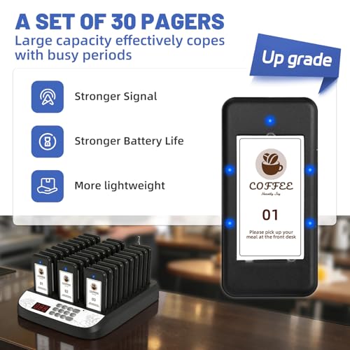 Restaurant Pager System,30 Wireless Order Buzzers,1640FT Long Range Food Buzzers for Food Truck, Restaurants Paging System with Vibration, Flashing with Beeping, Buzzer System for Fast Food/Cafe/Bar