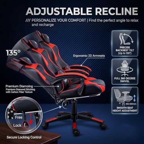 Image of Ergonomic Gaming Chair with Adjustable Recline, Padded Armrests & Lumbar Support - Heavy Duty Office & Gaming Chair for Home and Work (Black & Red)