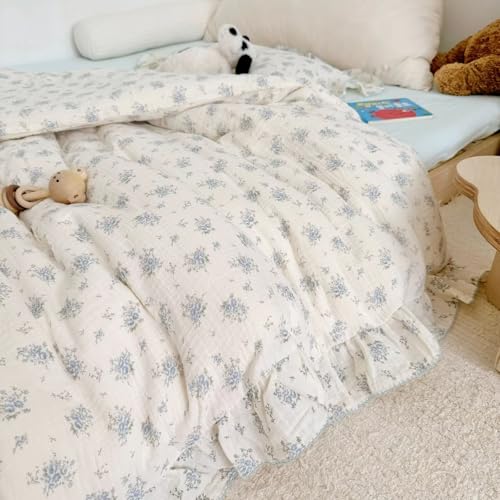 Image of BuLuTu Muslin Cotton Kids Duvet Cover with Ruffles for Toddler Bed /Crib Comforter /Quilt Cover Shabby Chic Blue Freesia Print Toddler Duvet Cover Girls Boys, 47 inchx59 inch, No Pillow Cases