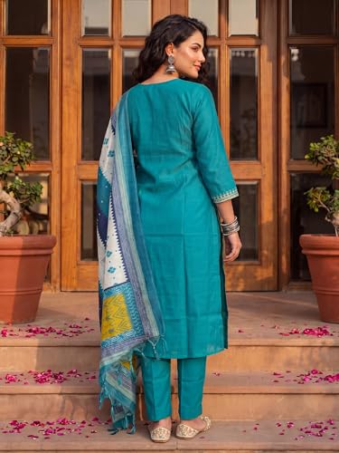 Image of INDO ERA Women's Silk Blend Embroidered Sequinned Kurta & Pant with Dupatta Set