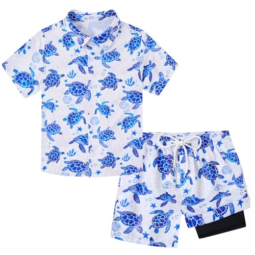 Image of UNICOMIDEA Boys Hawaiian Outfits Tropical Print Button Down Shirt + Swim Trunks 2 Piece Sets for 5-12T Kids