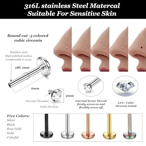 ORAZIO 10Pcs 18G Nose Studs - 316L Stainless Steel Stud Nose Rings for Women CZ Screwback Nose Piercings Cartilage Earrings Lip Rings Small Flatback Stud Earrings for Sensitive Ear Internally Threaded2