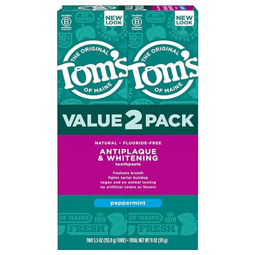 Tom’s of Maine Fluoride-Free Antiplaque & Whitening Natural Toothpaste, Peppermint, 5.5 oz. (Pack of 2)