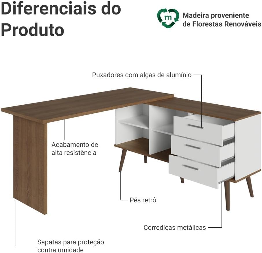 Mesa para Computador Gamer em L 3 Gavetas Branco/rustic Lisboa Madesa