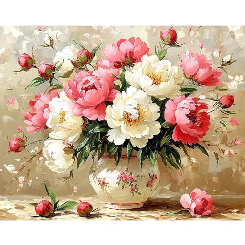 DAERLE Peinture Numero Adulte, Pivoines en fleurs, DIY Peinture Acrylique pour Adultes, Fleurs roses et blanches, Coloriage Par Numero la Décoration de la...
