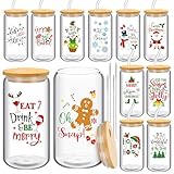 Skylety Skylety - 12 vasos de Navidad con tapas de bambú y popotes, vasos divertidos de Navidad de 16 onzas, tazas de café helado, regalos de Navidad, vasos con forma de lata para mujeres y hombres