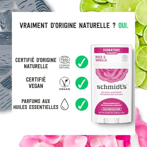 Schmidt's Déodorant d'Origine Naturelle Stick Rose et Vanille Efficacité 24h Certifié Vegan 75g (Lot de 2) – vue 7