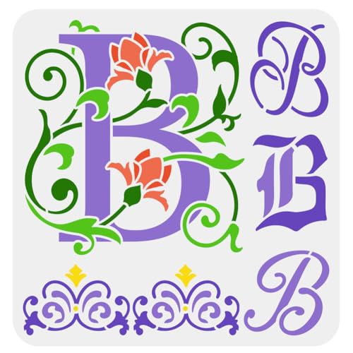 FINGERINSPIRE Initial B Painting Stencil 11.8x11.8inch Reusable Graffiti Letter B Drawing Template DIY Art Flower Vine Design Letter B Stencil Painting on Wood, Paper, Wall and Furniture