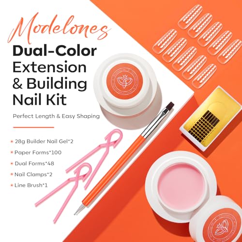 Image of modelones Gel Builder for Nails 2 Colors, 10-in-One Builder Hard Gel Nail Kit Clear Nude with Dual End Brush, Acrylic Clamps, 100PCS Paper Forms for Sculpting Extension Overlays Salon LED Cured