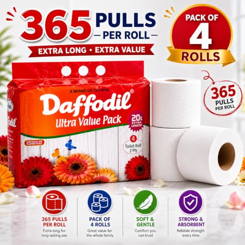Image of DAFFODIL 2Ply Toilet Paper Tissue -4 Packs (365 pulls /roll, 1460 pulls, 2920sheets) UltraSoft Toilet Paper Roll, Strong and Long Lasting for Home or Office Use