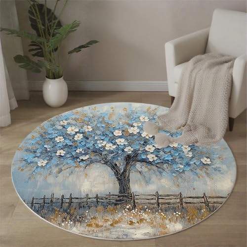 Tapis rond 120cm bleu décoration intérieur lavable et durable - 3