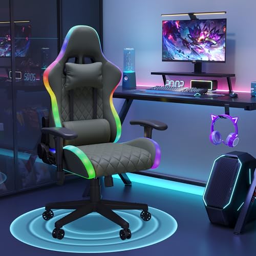 LieABak Sillón gamer con inclinación ajustable, silla para videojuegos con LED, capacidad de carga de 150 kg, silla de oficina ergonómica con reposacabezas y cojín lumbar, gris, poliuretano
