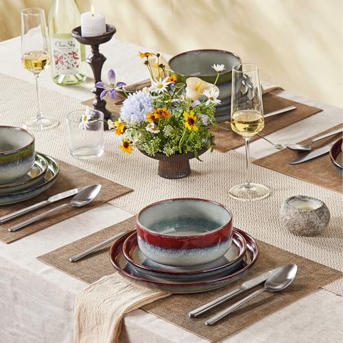 Image of KINGSTONE Stoneware Dinnerware Sets for 6, 18-Piece Reactive Glaze Plates and Bowls Sets, Scratch-Resistant Rustic Ceramic Dish Set for Home Kitchen, Microwave and Dishwasher Safe, Kiln-Fired Red