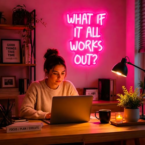 Image of Neon Sign, What If It All Works Out Neon Signs for Wall Decor - Pink Motivational LED Light for Home, Office, Room - USB Powered Light Up Sign Decorations