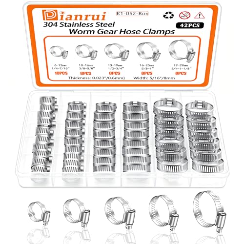 Image of Dianrui 42 PCS Hose Clamps Assortment Kit 1 /4 inch-1-1 /8 inch (6-29mm) Hose Clamps Stainless Steel 304 Worm Gear Fuel Line Hose Clamp for pipe, Fuel Line, Plumbing, Intercooler, Tube, Automotive and Marine