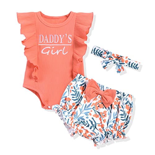 bilison Newborn Baby Girl Clothes Daddy's Little Girl Letter Print Romper and Floral Pant 3Pcs Newborn Girl Summer Outfit Sets