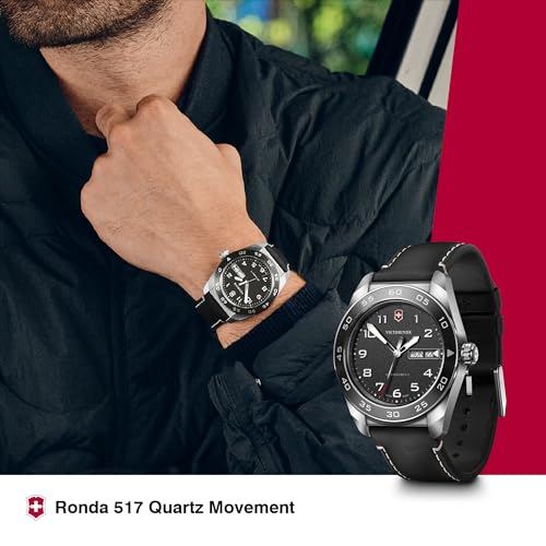Image of Victorinox Swiss Army | Swiss Made Men's Watch, 42 mm, 100M Water Resistant, Anti-Shock & Antimagnetic | Black Dial, Stainless Steel Case, Black Leather Strap, Ronda 517 Quartz Movement | 242041