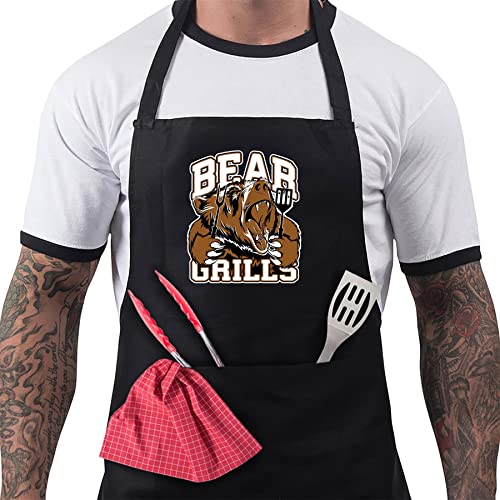 Bang Tidy Clothing BBQ Aprons for Men, Funny Cooking BBQ Apron in 100% Cotton, Adjustable with 2 Pockets, Birthday, Christmas, Cooking Gifts for dad, chef, husband, him - Bear Grills - Black