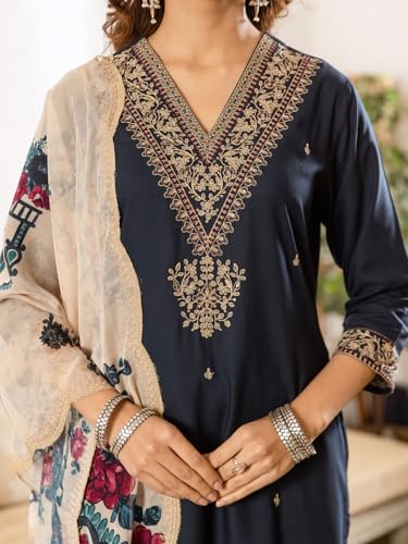 Image of INDO ERA Women's Rayon Viscose Rayon Embroidered Straight Kurta & Salwar with Dupatta Set