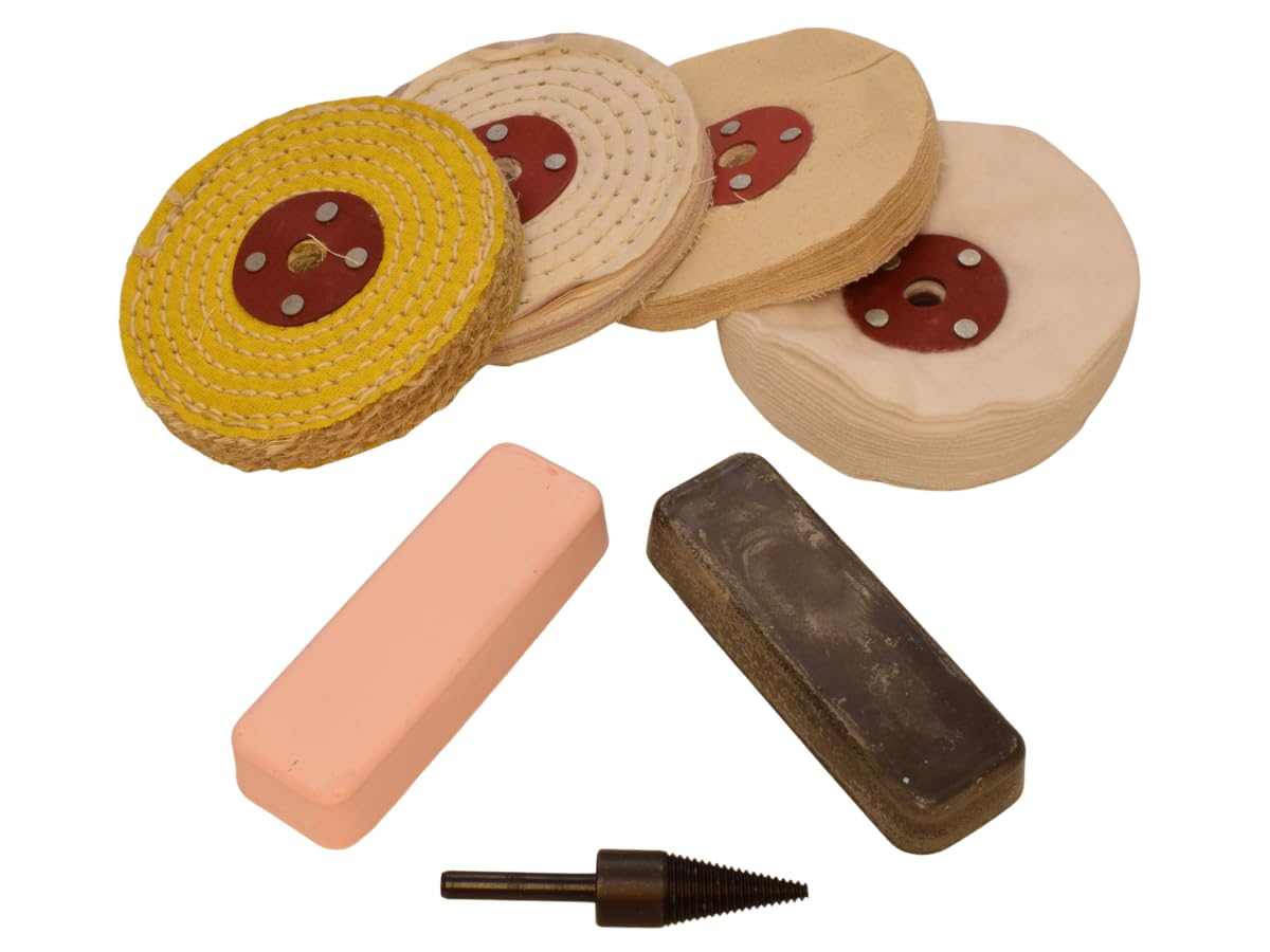 Moleroda Bench Grinder Metal Polishing Kit, 5 Pieces with Compounds, RODA Mops for Aluminium Brass, Copper, Steel, and More