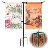SCWN Garden Flag Stand Holder w/4-Prong Base, 3/4 Inch Extra Thick Heavy Duty Yard Flag Holder for Double Small Flags 12x18, Garden Flag Pole for Outside Patio Decor