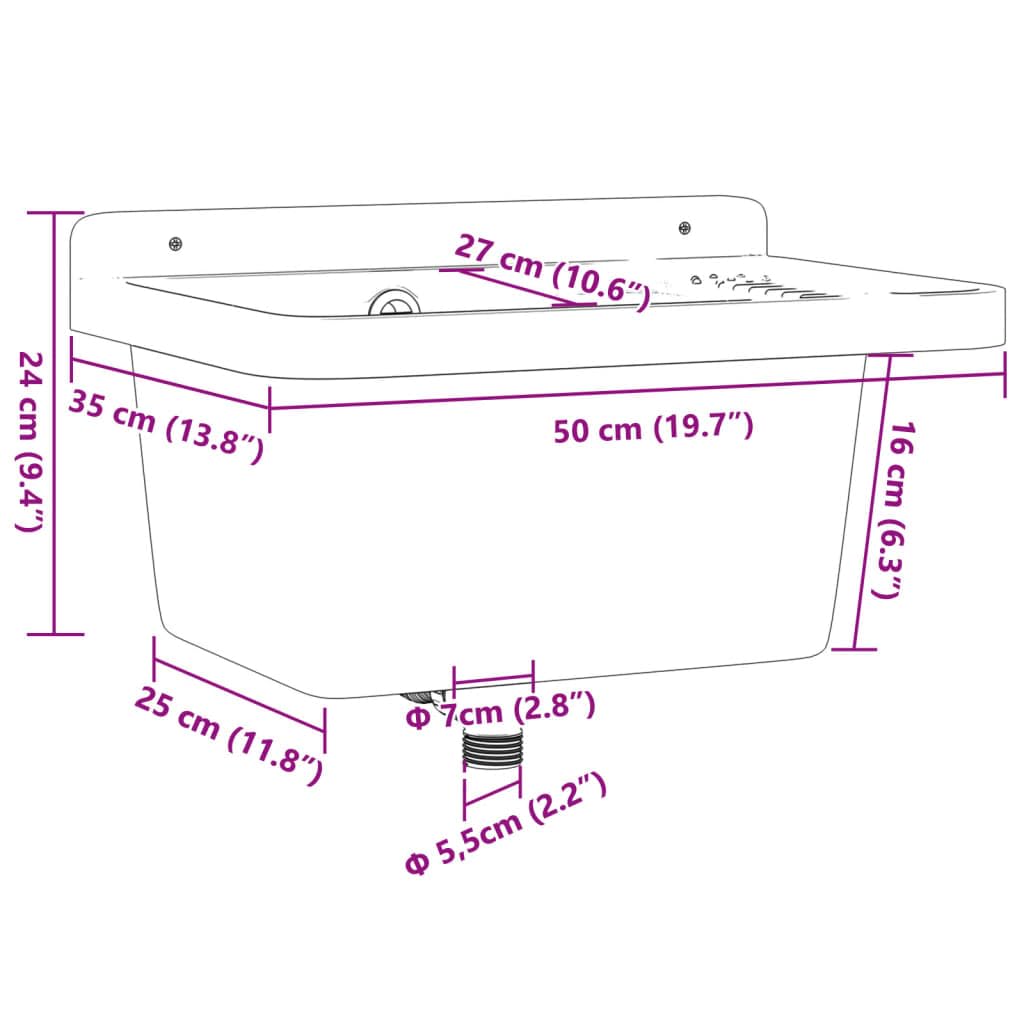 Évier Mural en Résine, Évier pour Buanderie Garage Lavabo Bac de Lavage Extérieur blanc 50x35x24 cm résine