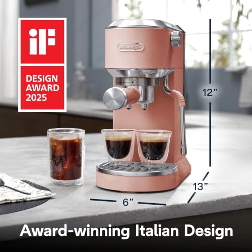 Image of De'Longhi Dedica Duo Cold Brew Espresso Machine with Milk Frother, 15 Bar Pressure, Original Italian Barista Style Coffee Maker, Make Espresso, Latte, Cappuccino & Ice Coffee, Pink, EC890PK