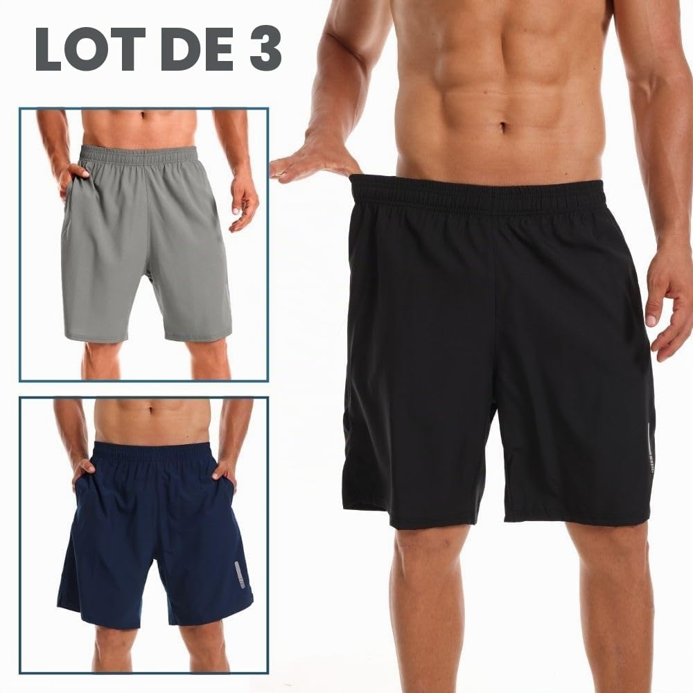 Lot de 3 shorts de sport pour homme à séchage rapide, pour la gym, la course à pied, l’entraînement