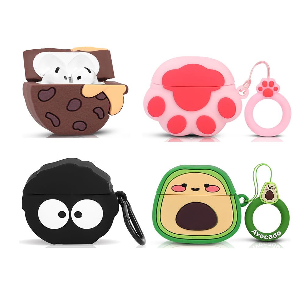 Pack de 4 fundas bonitas para AirPods 4 auriculares (2024), XMBYGY funda de carga de silicona con dibujos de caricatura, a prueba de golpes, con mosquetón para hombre, mujer, adolescente (CATpk+AVO+