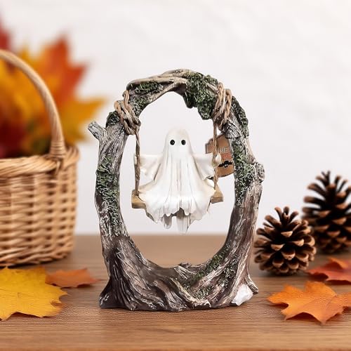 Crirmosir Halloween Swinging Tree Ghost Figurine Cute Ghost on a Tree Swing Halloween Ornament Funny Swinging Ghost Statue for Garden Patio Lawn Table Home Decor (Style-2)