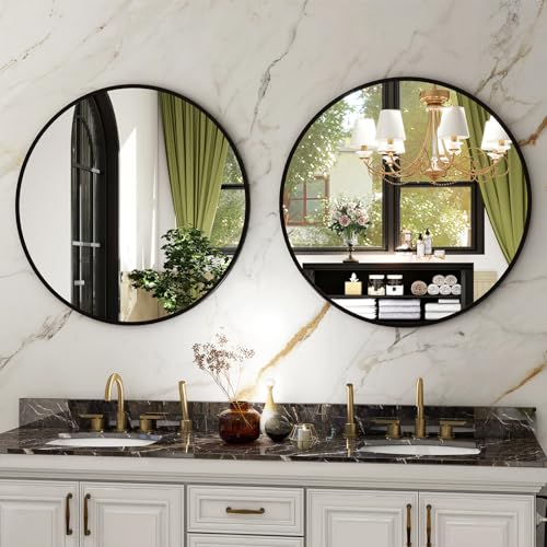 Image of HARRITPURE Round Mirror 20 Black Wall Mounted Circle Mirrors Vanity Mirror with Brushed Aluminum Alloy Frame Modern Decoration for Bathroom, Living Room, Vanity, Bedroom, Entryway