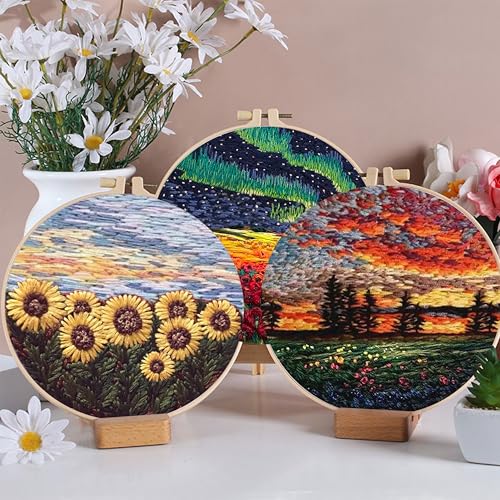 Image of KEKEMEOW 3 Sets Embroidery Kit for Beginners, Stitches with Rural Scenery, Embroidery Stitch Practice kit for Adults Craft Lover, Needlepoint Hand Embroidery Kit with Pattern、Instruction、Hoop