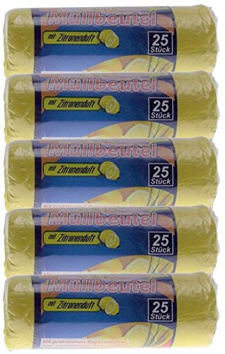 125 M&uuml;llbeutel mit Duft Zitronenduft 20l - 25 St&uuml;ck pro Rolle - mit praktischen Zugband - Ideal f&uuml;r Haushalt- B&uuml;ro- und Badeimer