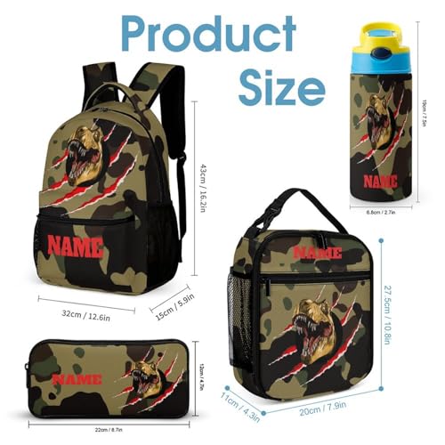Custom Camouflage Dinosaur T-rex Backpack Set 4 in 1 Personalized Add Your Name School Bag with Lunch Bag Pencil Case Water Bottle Customized Backpack for Kids Girls Boys2