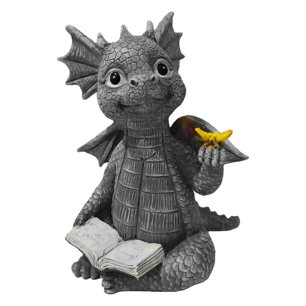 WBTYDragon Statue, Baby Dragon Reading Book Statue, Dinosaur Holding Butterfly Figurines Art Sculpture for Outdoor Garden Decor Home Desk Ornament(Gray)