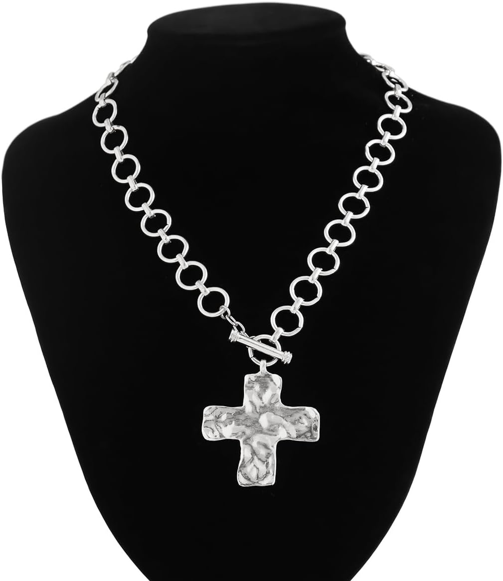 Gold Chunky Cross Necklace for Women,Statement Gold Cross Pendant Necklace Layered Necklaces Hammered Paperclip Thick Chain Necklaces Jewelry Vintage Toggle Clasp - Image 4