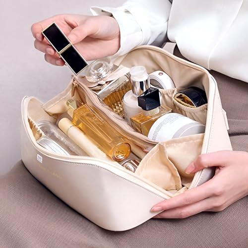 Image of NFI Essentials Pack of 2 Cosmetic Travel Organizer Bag, Women's Makeup Pouch Toiletry Bag Portable Leather Wide Opening Cosmetics Bag with Handle and Divider, 8Cm, Assorted