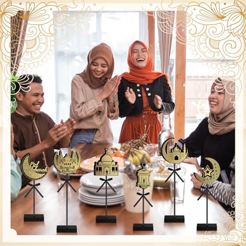 Image of Briwooody 6 Pcs Ramadan Decorations Eid Mubarak Wooden Sign Set Moon Star Shape Tall Standing Islamic Ramadan Table Centerpiece Tabletop Decor Farmhouse Wood Block for Muslim Party Home Decorations