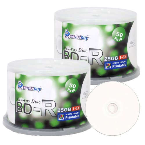 Image of Smartbuy 25gb 6X Bd-r Blu-ray Single Layer White Inkjet Printable Blank Data Recordable Disc Spindle (100-Disc)