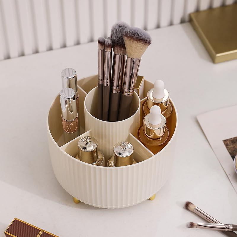 Vilike Rotating Pen Pot for Desk Tidy Beige Desk Organiser & Makeup Brush Holder with 5 Compartment for Women Desk Accessories with Anti-slip for Home Office(Beige) - Image 2